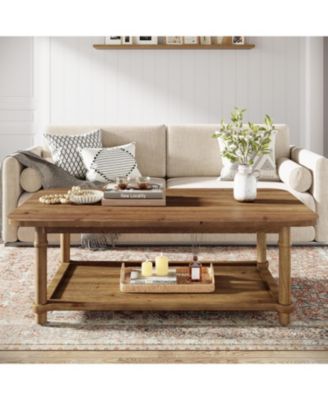 47" Rectangle Coffee Table, Solid Wood Center Table with 2-Tier Storage