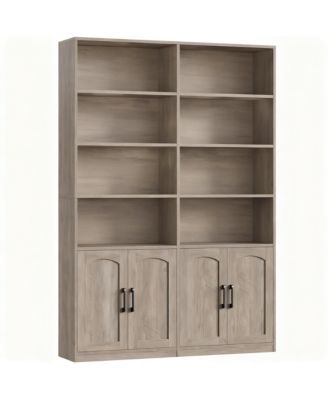 Bookshelf with Doors 6 Tier Double Wide Tall Storage Cabinet Open Display Shelves