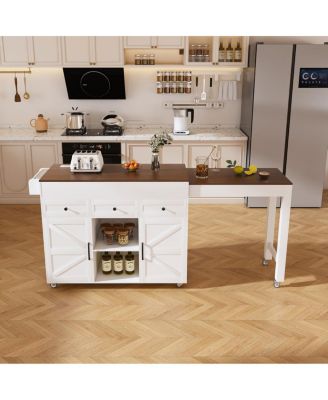 74.8" White Kitchen Island with Extendable Table, Power Outlet & Storage