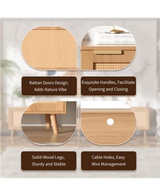 Rattan Cabinet TV Stand for TVs up to 90", Modern Farmhouse Media Console with Solid Wood Legs