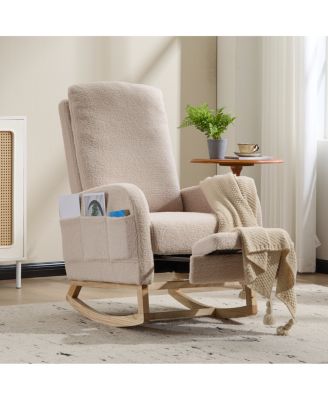 Modern Accent Rocking Chair with Solid Wood Legs & Side Pocket