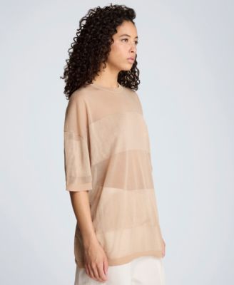 Women's Shiny Semi-Sheer Stripe Crewneck Top