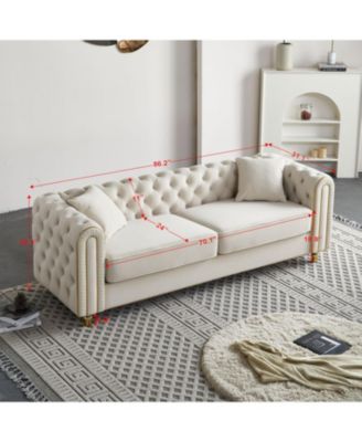 86" Beige Tufted Sofa with Toss Pillows