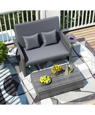 Patio Daybed Set Rattan Loveseat Sofa Set w/ Adjustable Backrest Cushions