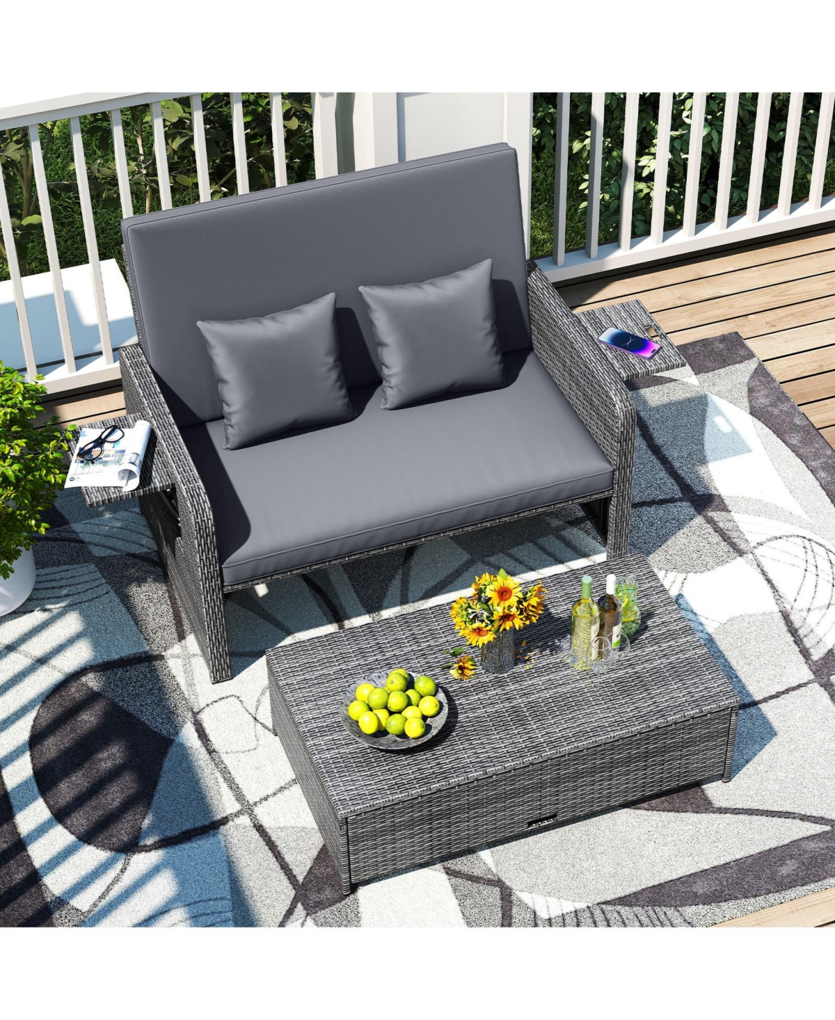 Gymax Patio Daybed Set Rattan Loveseat Sofa Set w/ Adjustable Backrest Cushions