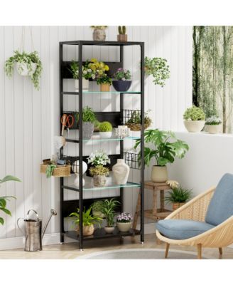 Glass Display Shelf with RGB LED Lights - 4-Tier Curio Cabinet with Adjustable Storage Box, Hooks, Metal Frame Standing Shelf for Living Room