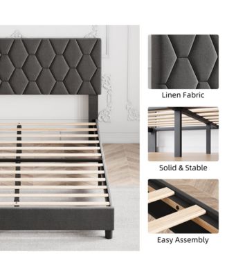 Bed Frame Upholstered Fabric Headboard Diamond Design Solid Wood Slats Noise Free Easy Assembly