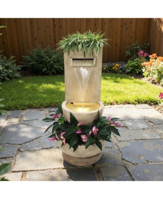 Tall Polyresin Fountain with Planter, Lighted Outdoor Water Feature