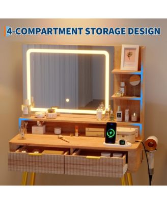 31" Mid-Century Modern Makeup Vanity Desk with Lighted Mirror, 2 Drawers and Cabinet