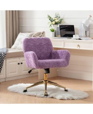 Faux Fur Home Office Chair, Adjustable Swivel Desk Chair, Upholstered Computer Chair with Wheels and Gold Base for Home Office