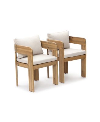 Set of 2 Outdoor Patio Chairs, Acacia Wood Accent Chairs with Cushions and Arms, Outdoor Dining Chairs for Porch, Balcony, and Garden