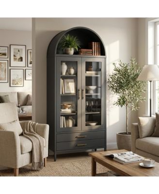 55" Tall Kitchen Pantry Cabinet, Arched Display with Glass Doors, 2 Drawers & Adjustable Shelves for Living, Dining Room