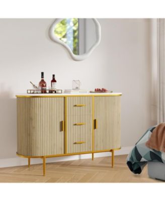 50" Mid Century Fluted Buffet Cabinet, Modern Coffee Bar Console Table with Faux Marble Top & Curved Sliding Doors, Storage Accent Cabinet