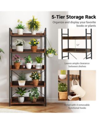 5-Tier Bookshelf with 4 Hooks Industrial Storage Bookcase.