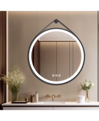 24" Black Circle Hanging Vanity Mirror for Wall with Leather Strap 3 Colors Dimmable for Bedroom Entryway