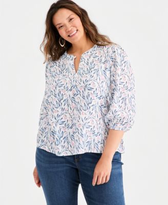 Plus Size Cotton Gauze Printed 3/4-Sleeve Top