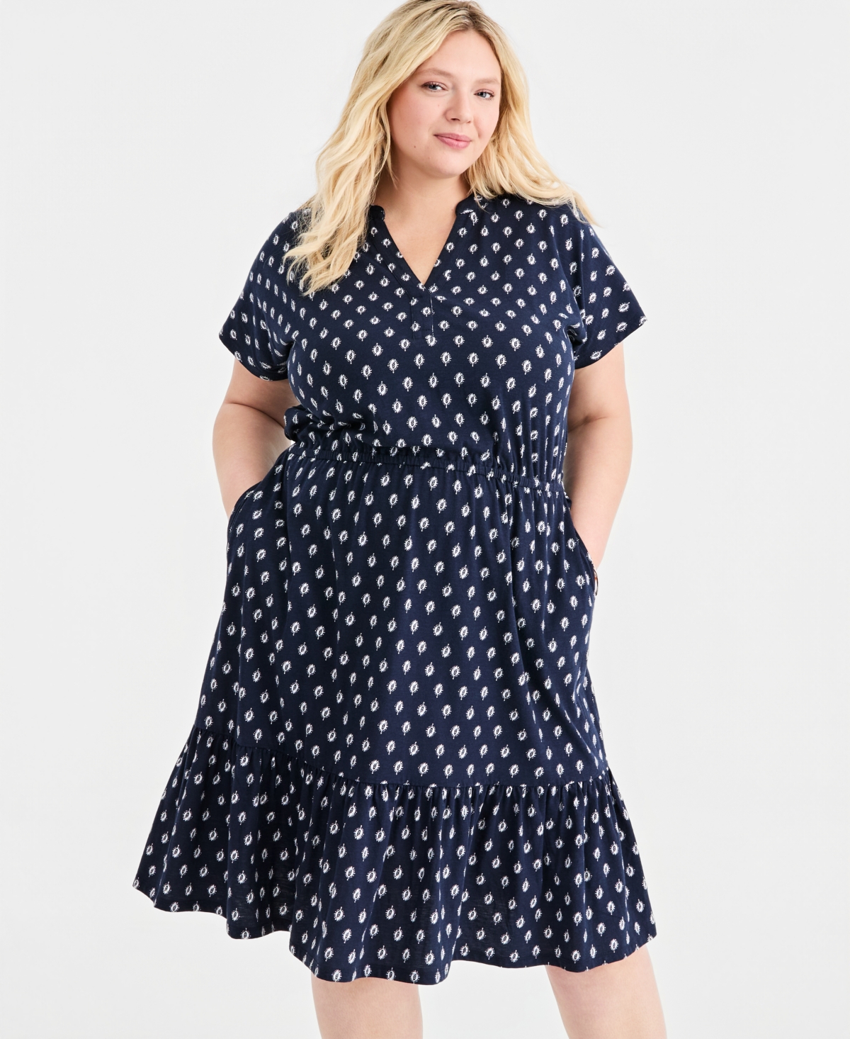 Style & Co Plus Split-Neck Printed Midi Dress, Macy's Exclusive