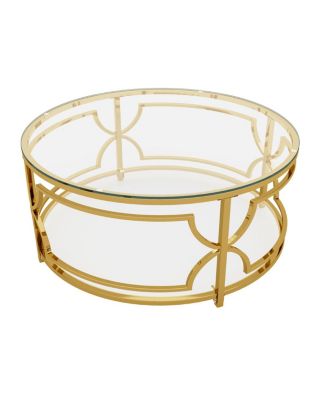 Round Tempered Glass Coffee Table, 30.7" ,Geometric Metal Frame