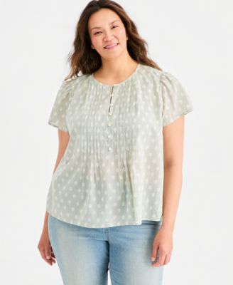Plus Size Cotton Printed Pleat-Front Top