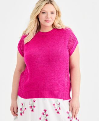 Plus Size Mixed Open-Stitch Dolman-Sleeve Sweater