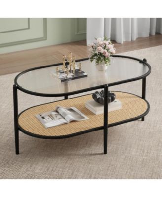 Boho Oval 2-Tier Rattan Coffee Table with Water-Wave Tempered Glass Top