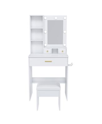 Dressing Table Set with Stool - Mini Makeup Vanity Desk with LED Lighted Mirror, Power Outlet and Hairdryer Holder for Bedroom
