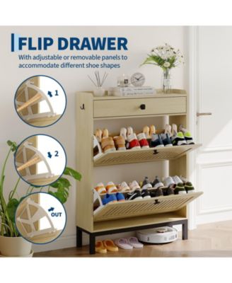 Shoe Storage Cabinet with 2 Flip Drawer, Shoes Organizer with with Top Drawer，Hollow Out Panel And Square Handles