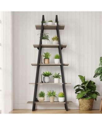 72" A-Shape Ladder Bookcase, 5-Tier Metal Frame Shelf with Adjustable Wood Shelves