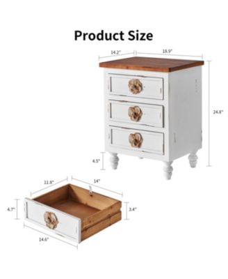  Vintage Farmhouse End Table - Rustic Nightstand, 3 Drawers, Distressed