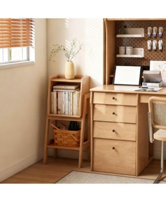 Solid Oak Ladder Shelf Nightstand 32.67" Tall Small Bookcase Bedroom Living Room Nursery Natural Fully Assembled