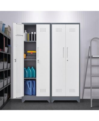 65" H Metal Broom Cleaning Tool Storage Cabinet With Locking Doors and Shelves