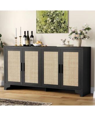 4-Door Sideboard Buffet Cabinet, Rattan Storage Cabinet, Boho Entryway Console Table, Coffee Bar Station for Dinning Room, Living Room
