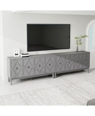 Vintage 4-door cabinet with hand-carved geometric doors and adjustable shelves