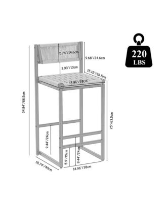 Paper Rope Woven Bar Stools Set of 2, 25'' Counter Height Chairs with Back, Footrest for Kitchen Island, Home Pub