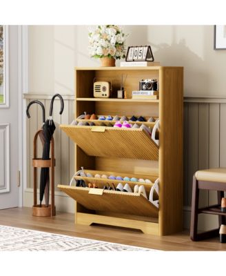 Shoes Storage Cabinet with 2 Flip Drawers, Tall Free Standing Shoe Organizer Rack