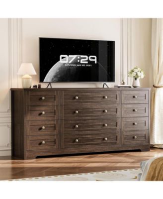 12 Drawers Wood Dressers for Bedroom, 63" Long Wooden Dresser for Living Room, Hallway, 16" Wide TV Stand Dresser for 65 Inch TV, Solid Wood