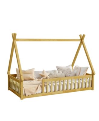 Tent-shaped Floor Bed,Teepee Bed with Guardrails, Slats