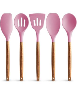 5 Piece Silicone Utensils Set with Authentic Acacia Wood Handles