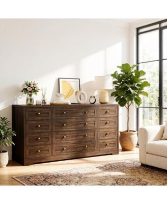 12 Drawers Wood Dressers for Bedroom, 63" Long Wooden Dresser for Living Room, Hallway, 16" Wide TV Stand Dresser for 65 Inch TV, Solid Wood