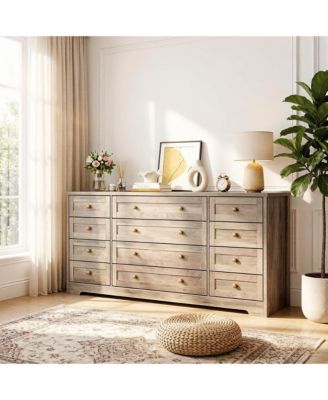 12 Drawers Wood Dressers for Bedroom, 63" Long Wooden Dresser for Living Room, Hallway, 16" Wide TV Stand Dresser for 65 Inch TV, Solid Wood