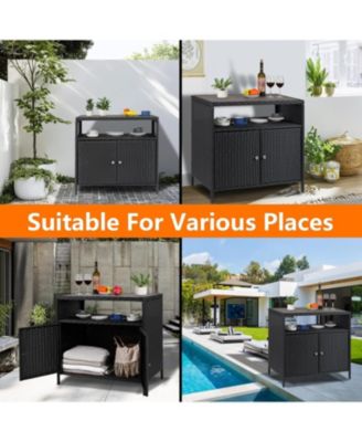 Patio Outdoor Wicker Storage Cabinet with Shelf,Powder Coated Steel,Patio Bar Table with 2-Door and Shelf,All Weather Resin Wicker