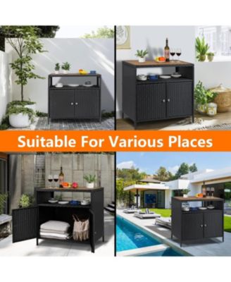 Patio Outdoor Wicker Storage Cabinet with Shelf,Powder Coated Steel,Patio Bar Table with 2-Door and Shelf,All Weather Resin Wicker