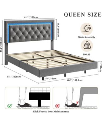Queen Floating Bed Frame with LED Lights, Upholstered Diamond Headboard, Easy Assembly