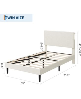 Twin Bed Frame with Charging Station, Corduroy Upholstered Platform Bed with Headboard Shelf, Wooden Slats, Noise Free, Easy Assembly