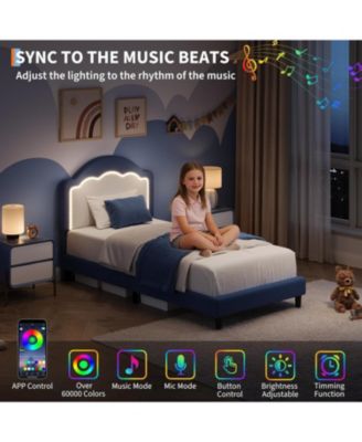 Twin Kids Upholstered Bed with LED Headboard, Plush Sherpa Fabric, Wooden Slats Support, Easy Assembly