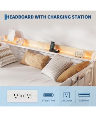 Daybed with Trundle, Storage Headboard with Charging Station & Storage Bags, Sofa Bed for Bedroom,Guest Room