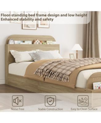  Bed Frame with Storage Headboard and Raised Footboard Low Platform Wood Slats No Box Spring