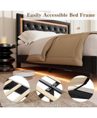 Queen Floating Bed Frame with Smart LED, Upholstered Diamond Headboard, Noise-Free