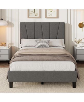 Twin Platform Bed with Adjustable Headboard, Linen Upholstered Frame, Wood Slats