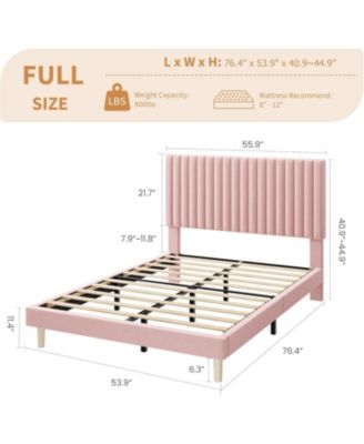 Full Size Velvet Platform Bed Frame with Vertical Channel Tufted Adjustable Headboard, Wooden Slats Support, No Box Spring